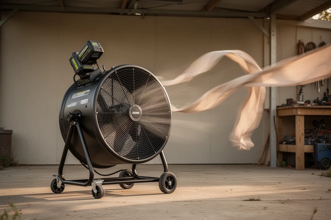 Kordelloser Hochluft-Ventilator auf Rädern hält die Luft auf einer überdachten Terrasse in Bewegung