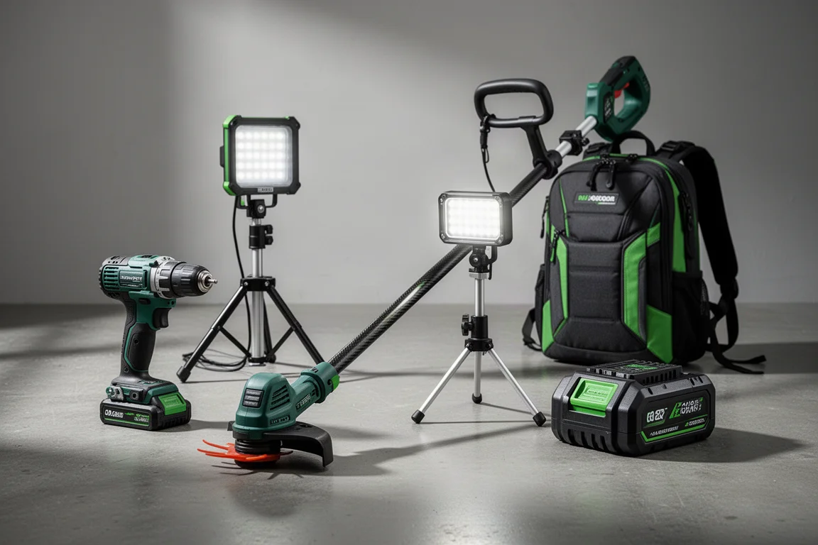 A collection of Ryobi cordless power tools arranged on a concrete workshop floor