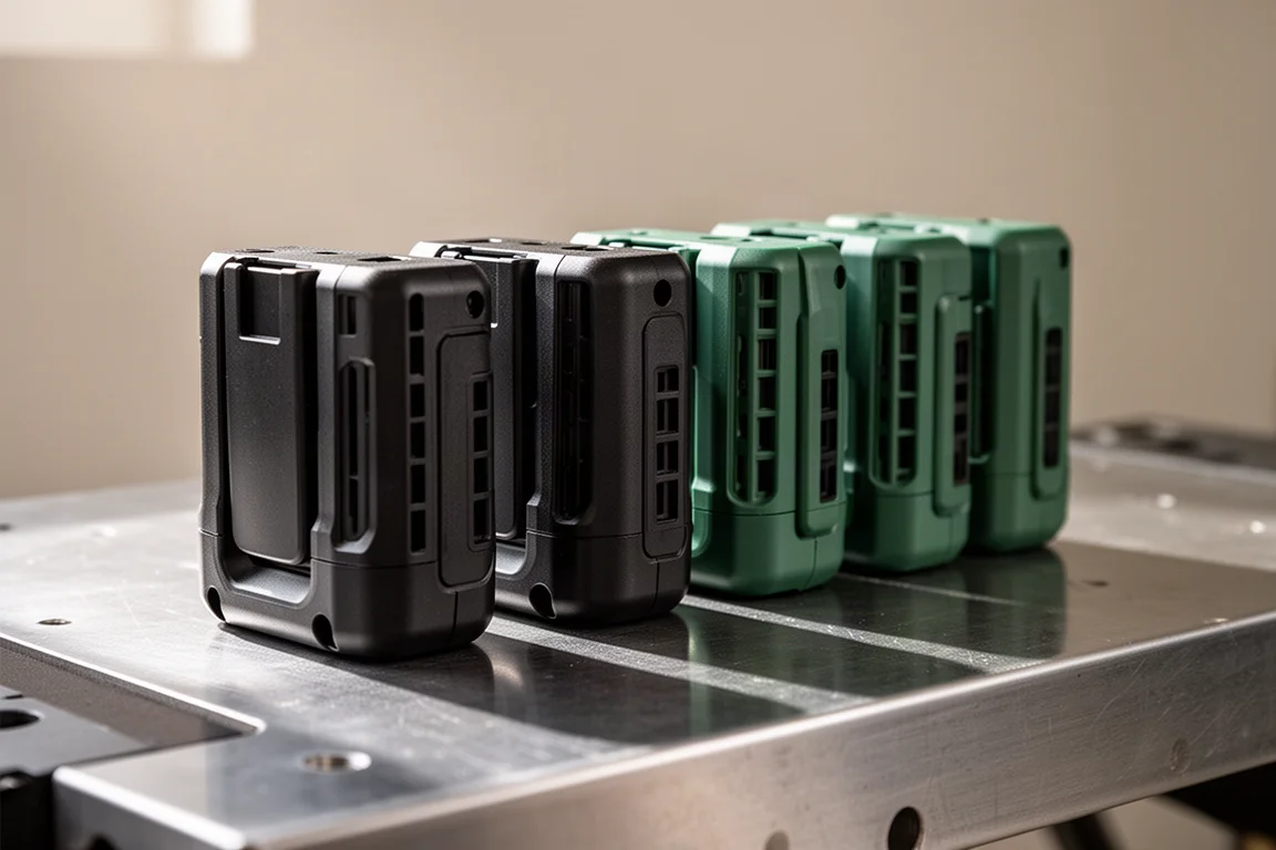 Batterie per utensili a batteria appoggiate su un banco di lavoro con luce soffusa