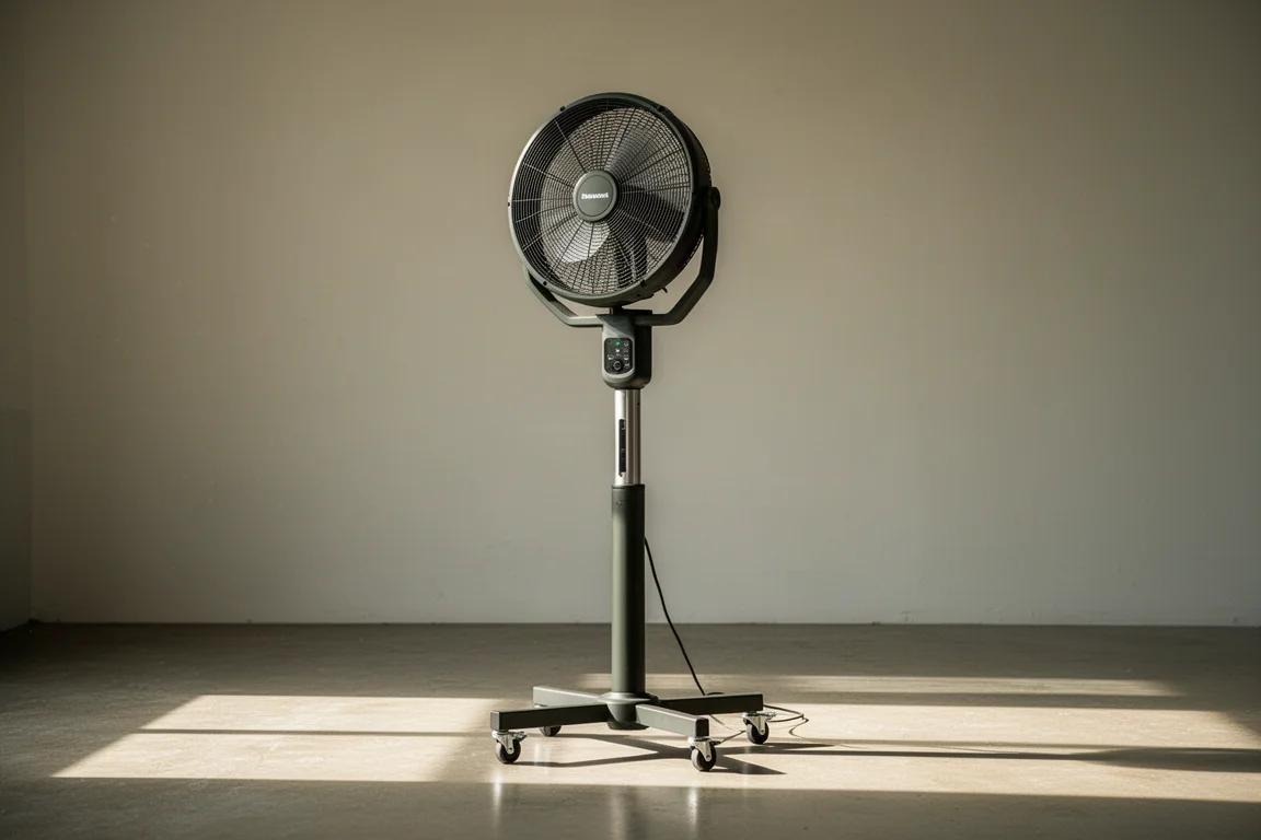 Ventilatore a batteria su ruote collocato in un'officina luminosa