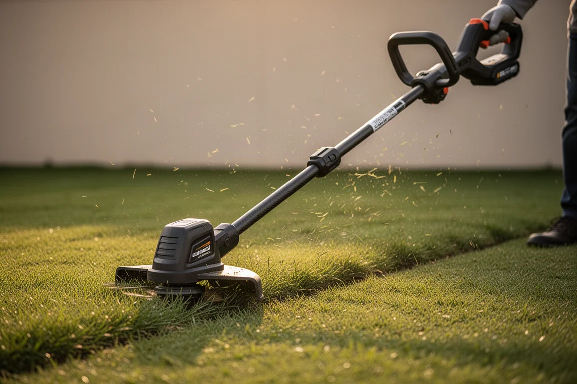 Decespugliatore che taglia l'erba lungo il bordo di un giardino all'ora dorata