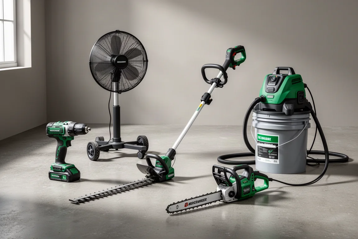 A lineup of cordless power tools arranged on a concrete workshop floor