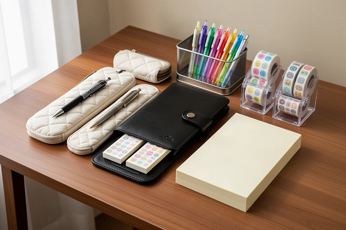 Flat-lay of Japanese stationery including pen cases, binder, pens, stickers, and writing pads