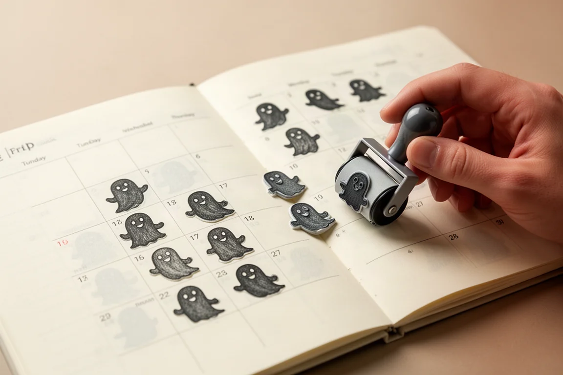 Ghost-shaped roller stamp impressions decorating an open planner page
