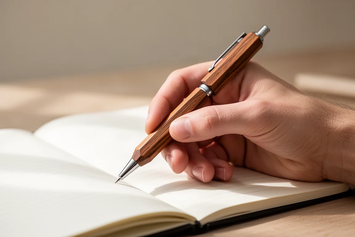 Hexagonal wooden mechanical pencil held in hand over a notebook