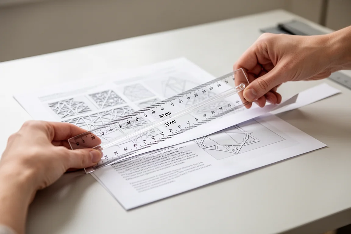Clear acrylic paper cutting ruler trimming a printed page at a desk