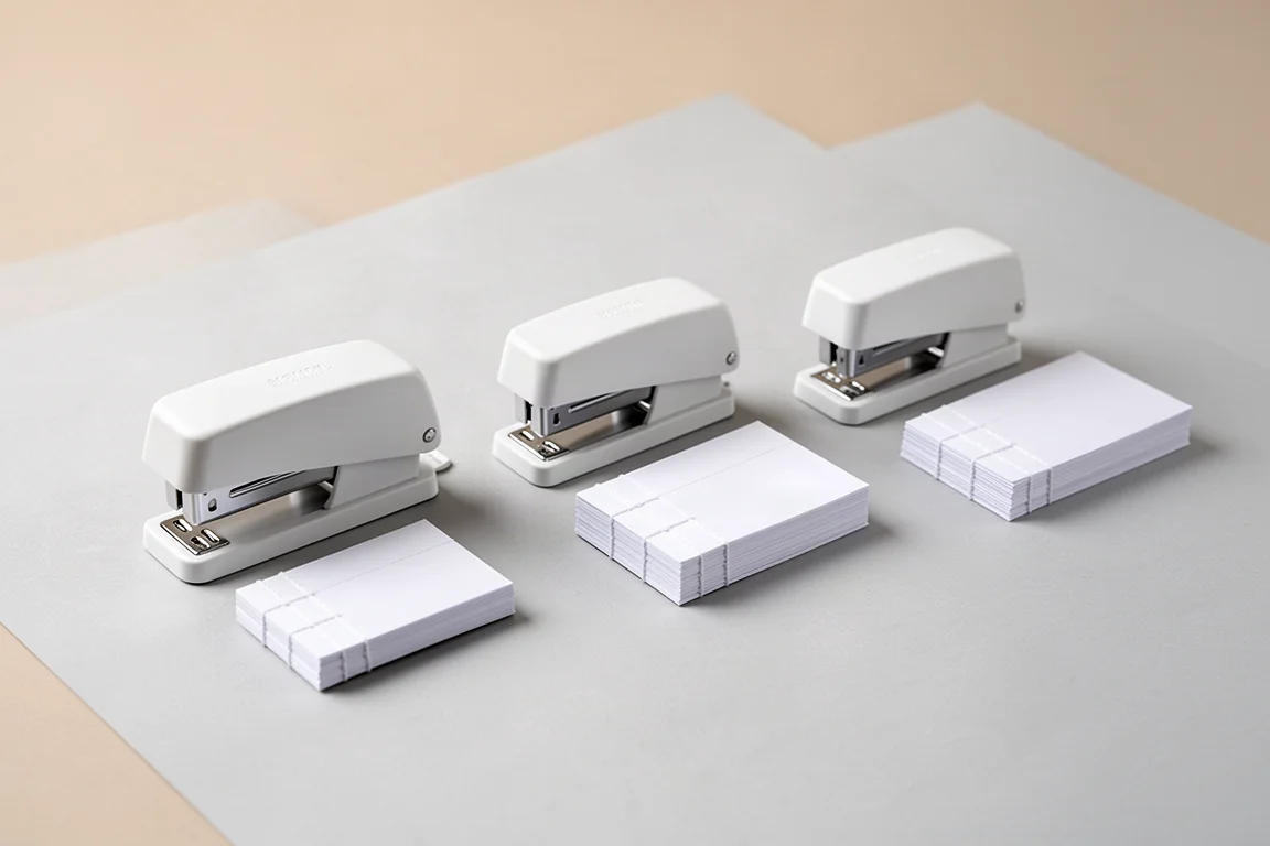 Three stapleless staplers lined up beside neatly bound paper stacks