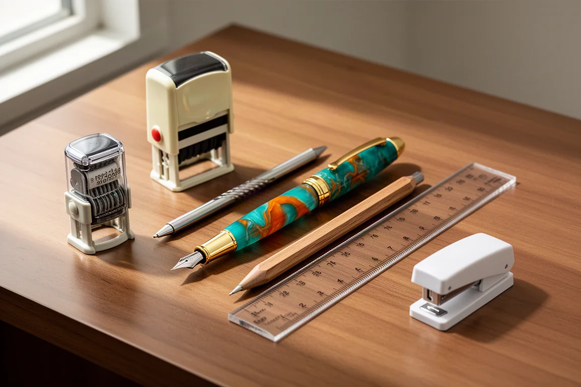 Flat-Lay verschiedener neuer Stationery-Artikel auf einem Holzschreibtisch