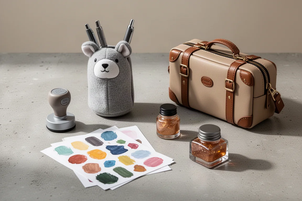 Stempel, Federmäppchen, Sticker, Tintenflasche und Reißverschluss-Etui nebeneinander auf Beton