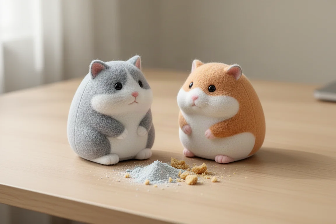 Pulizia-scrivania a forma di gatto e criceto appoggiati su una scrivania in ordine con trucioli di matita nelle vicinanze