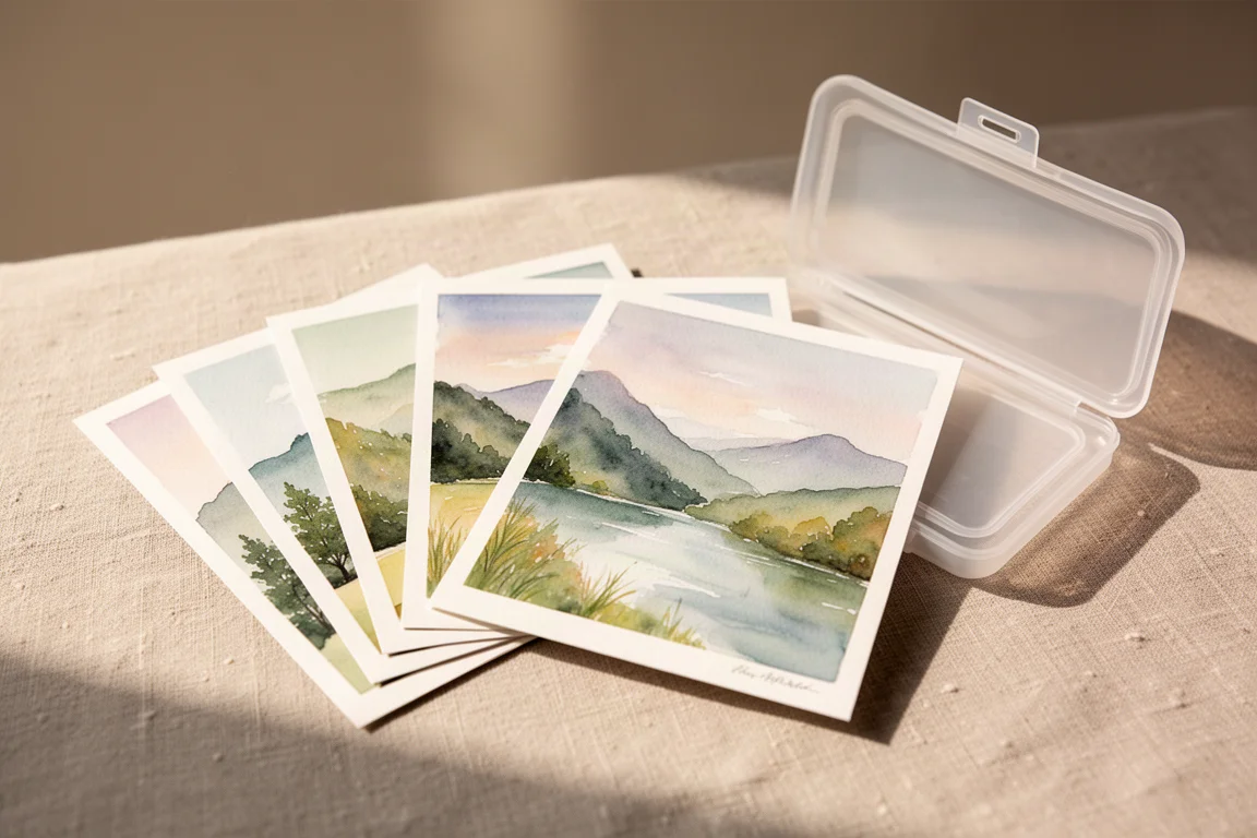 Un set di cartoline panoramiche disposte su una scrivania accanto a una custodia richiudibile