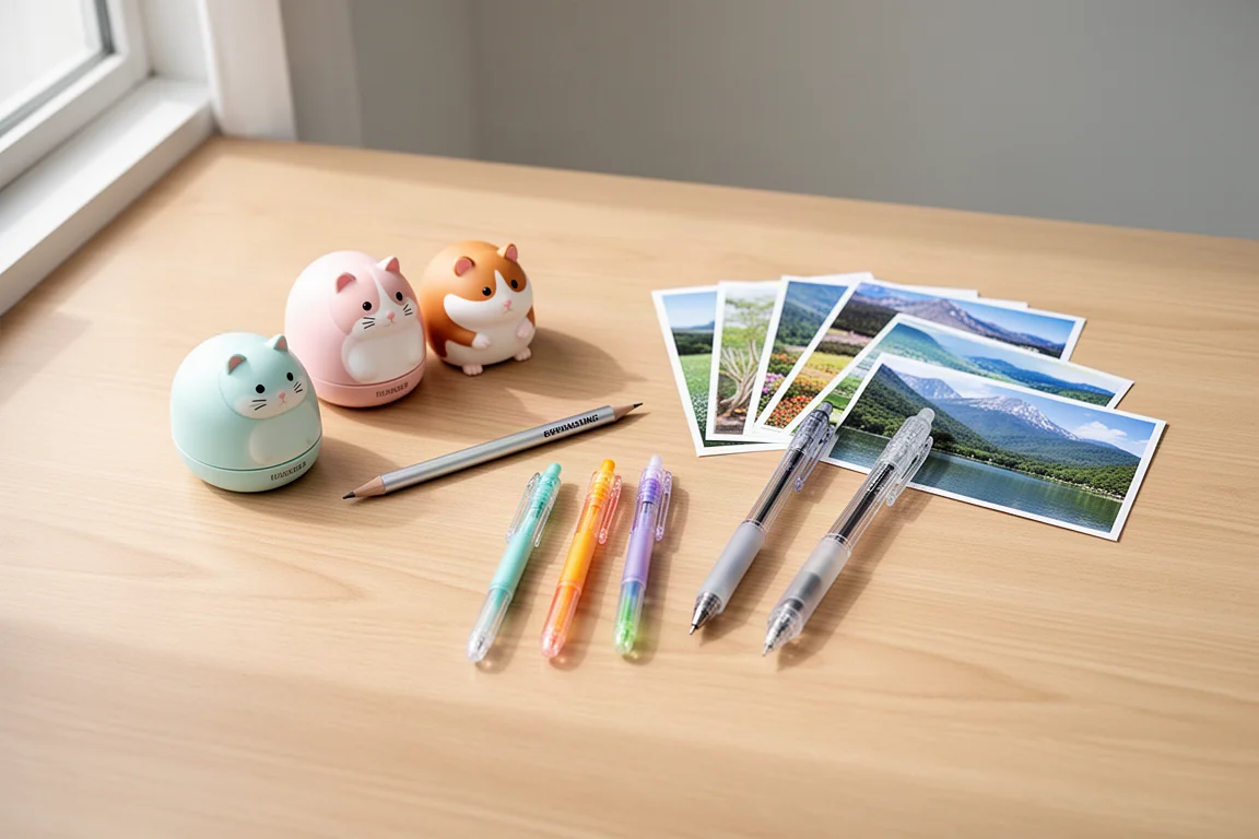 Flat-lay of assorted colorful stationery items on a light wooden desk