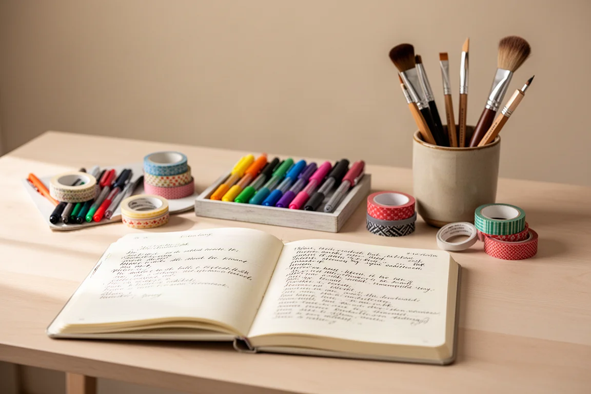 Un escritorio ordenado con bolígrafos, cuadernos y material de journaling bajo una luz suave