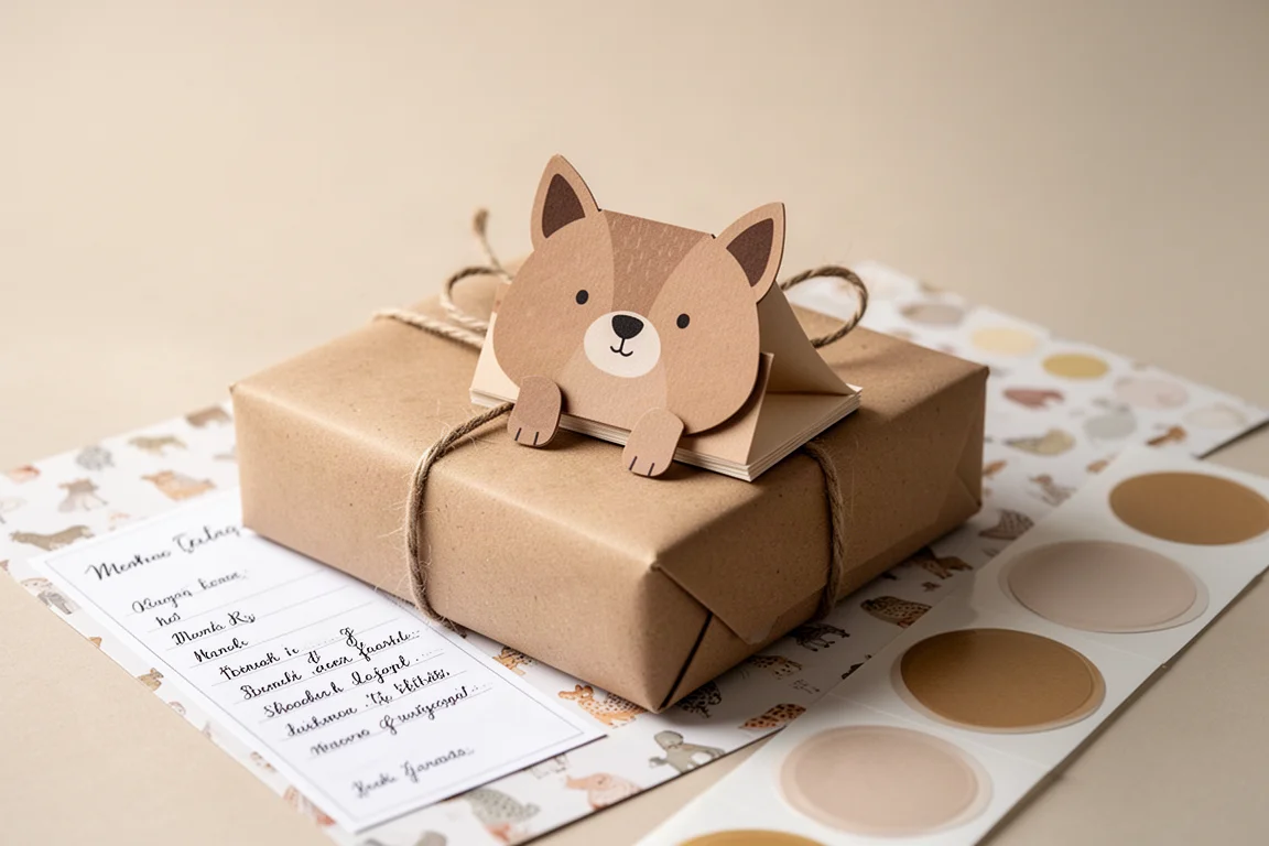 Una pequeña nota plegable en forma de animal apoyada sobre un regalo envuelto