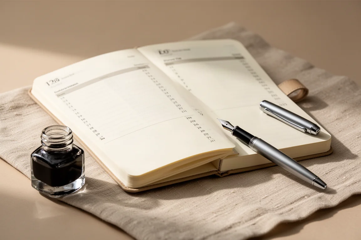Páginas de un diario abierto junto a pequeños frascos de tinta y una pluma con luz suave