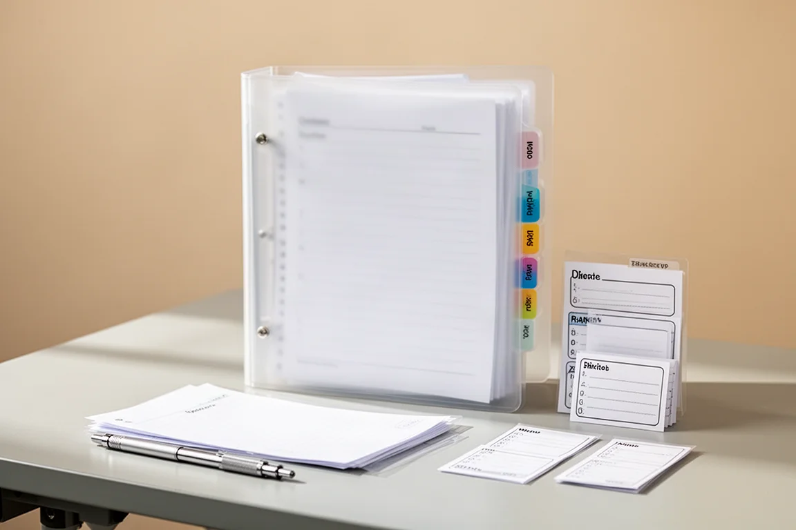 Una carpeta delgada con hojas de recambio y pestañas índice sobre un escritorio de estudio