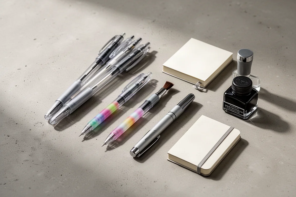 A curated flat arrangement of pens, notebooks, ink, and stamps on concrete