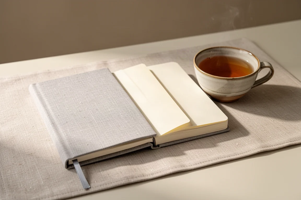 一個人在布面日記本上寫下每日筆記,旁邊放著一杯咖啡