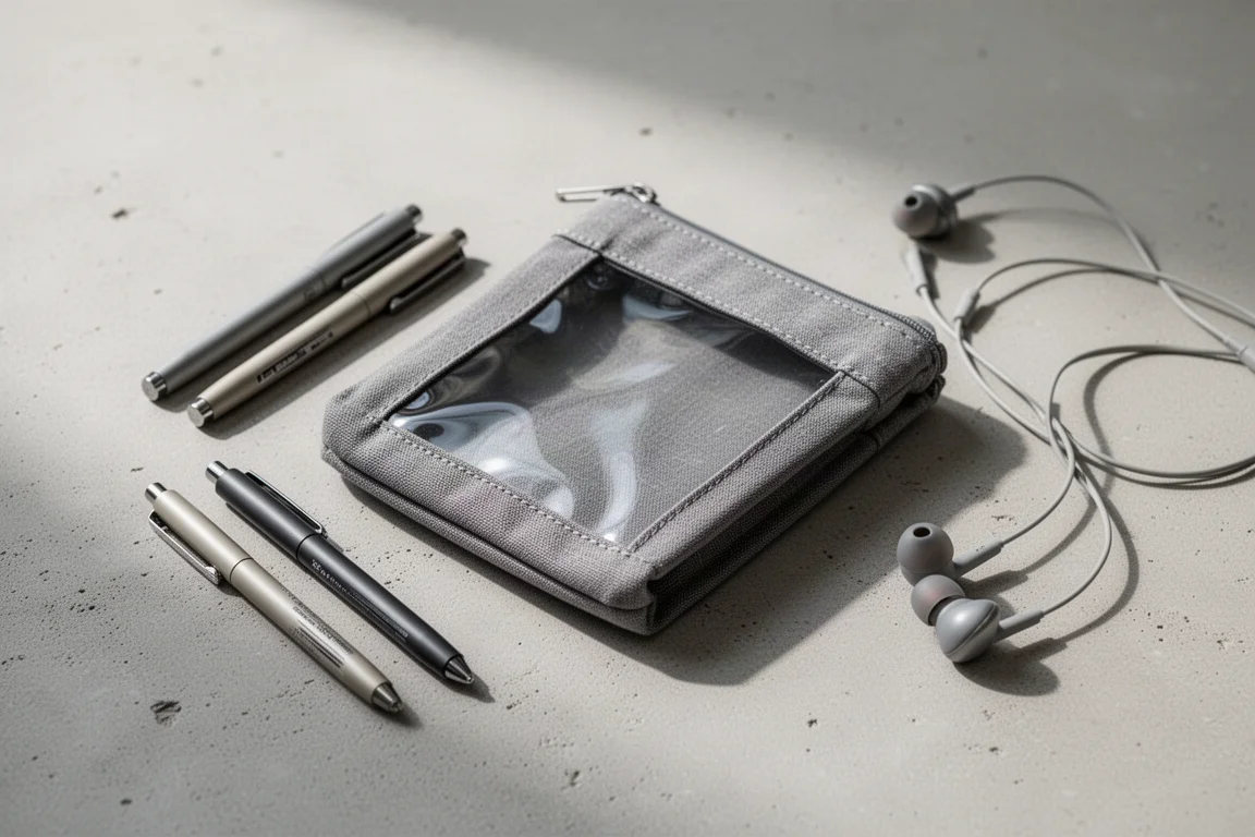小型布面收納包附透明窗口袋,放在桌上裝著筆和耳機