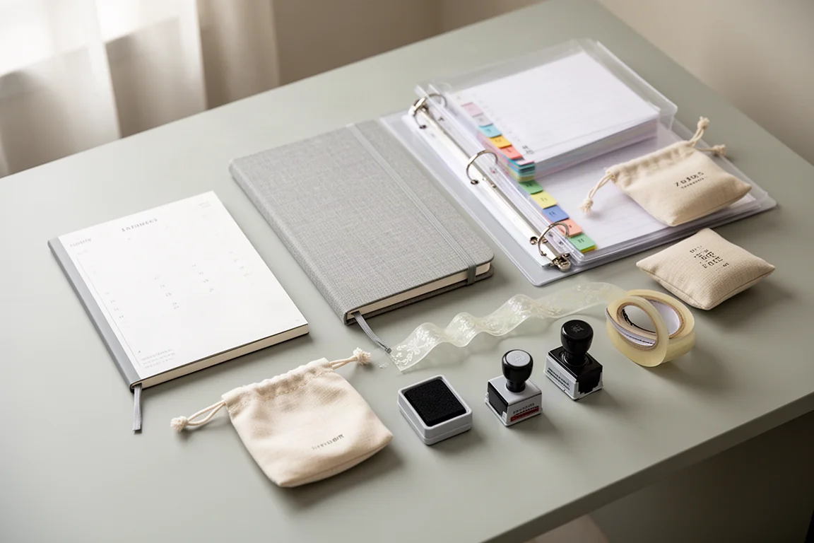 Flat lay of notebooks, binder, pouches, tape, and stamps on a light grey desk