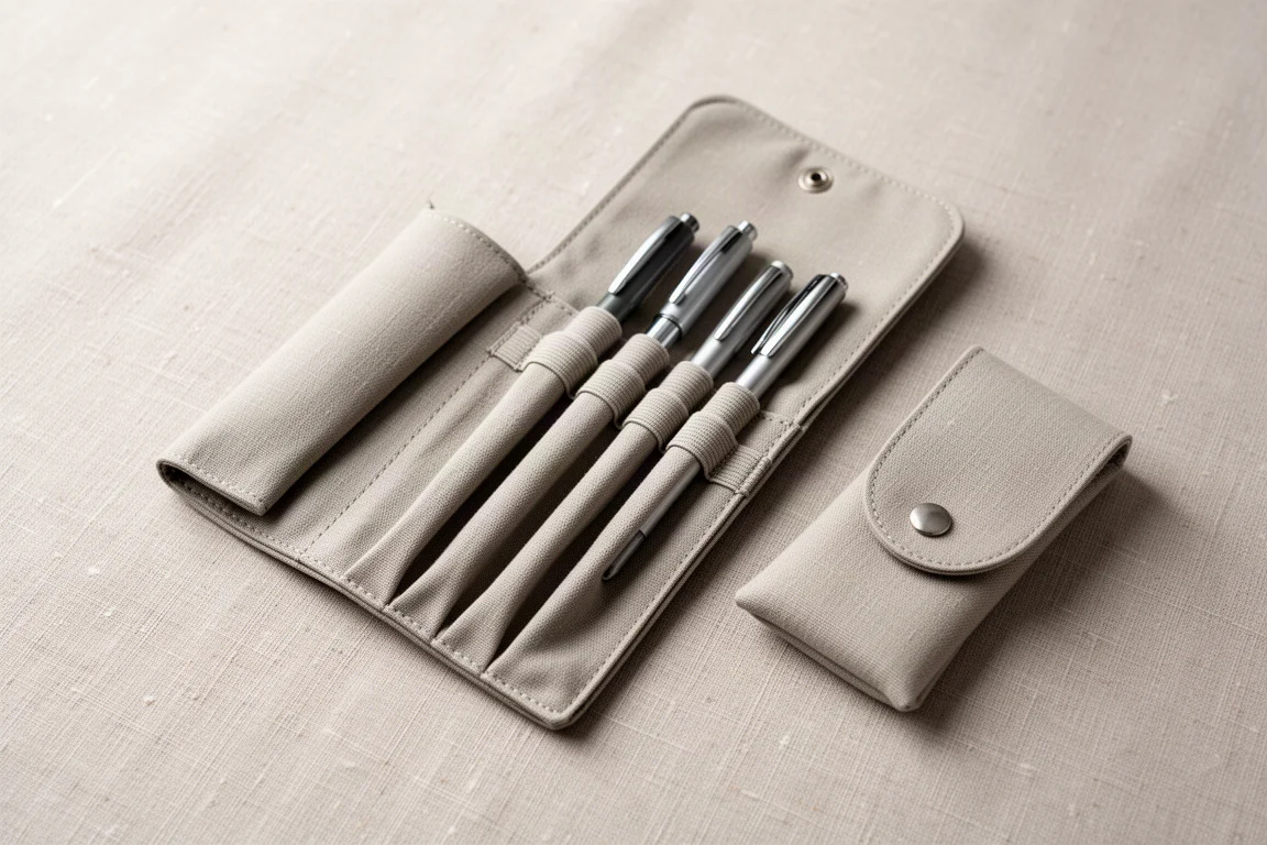 Estuche fino de tela abierto con bolígrafos en bandas elásticas