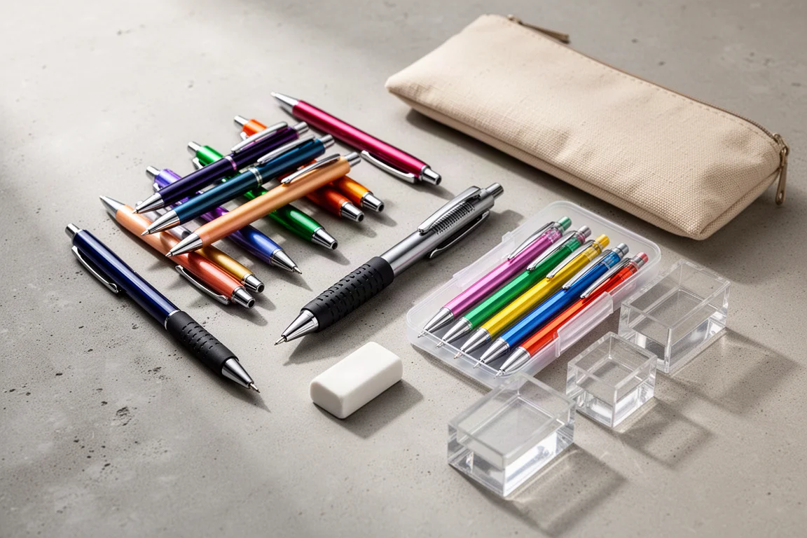 Flat-lay of ballpoint pens, mechanical pencils, an eraser, a pen case, and desk organizers on a neutral surface