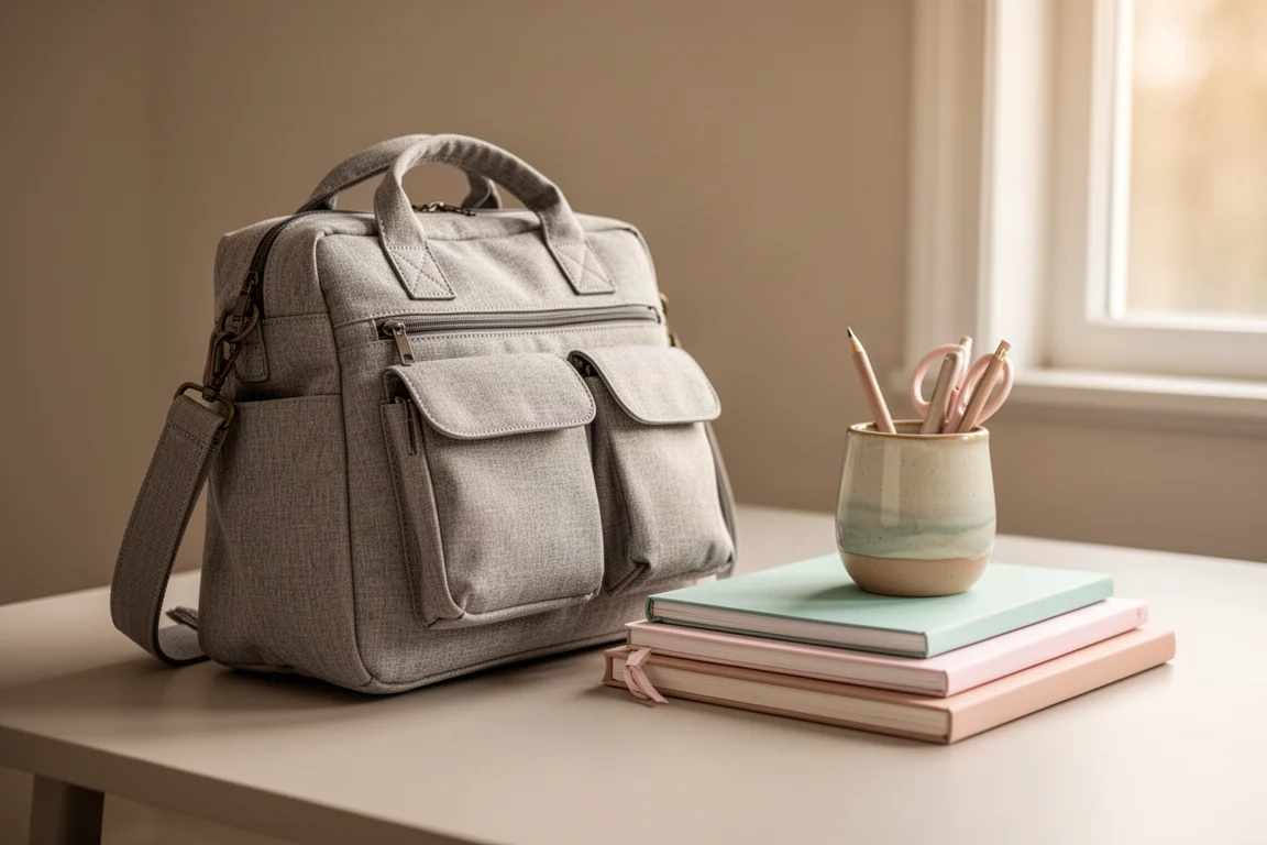 Uma bolsa espaçosa com bolsos externos arrumada sobre uma mesa com cadernos