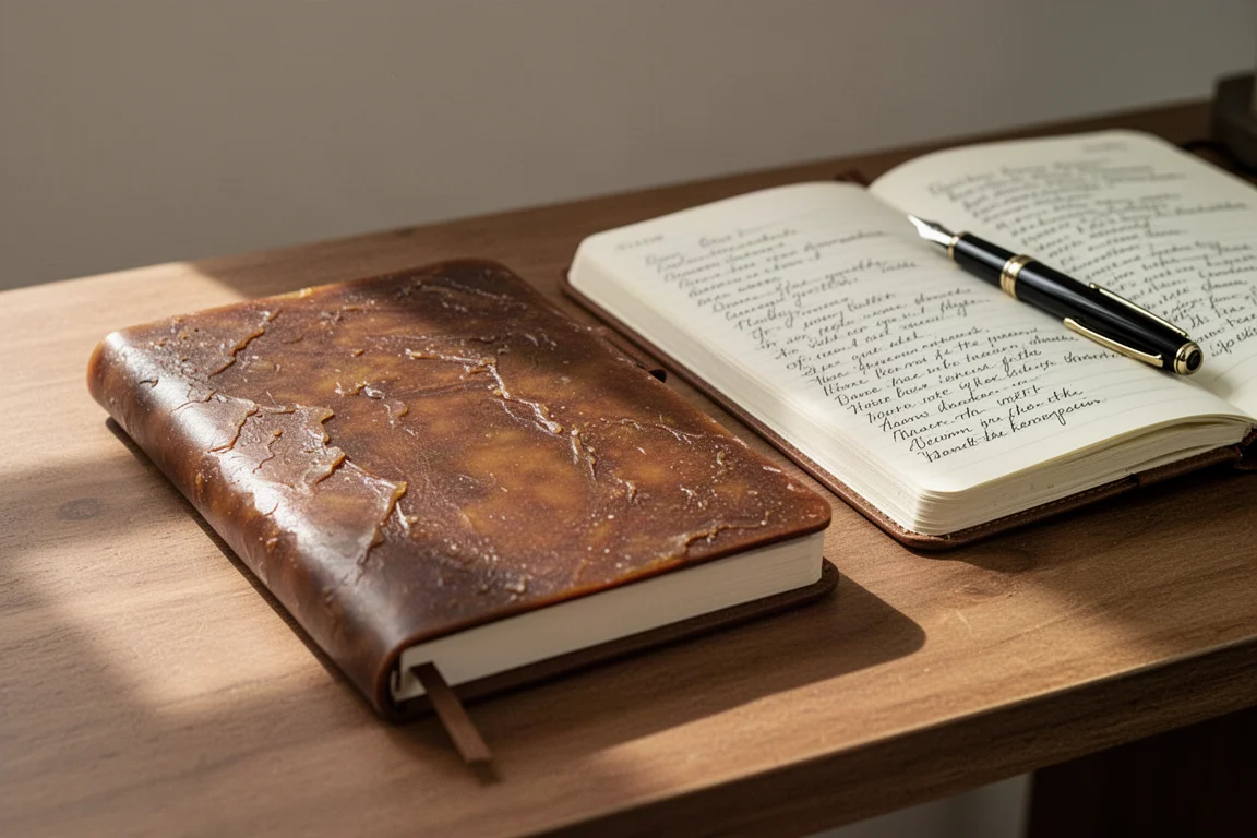 Um caderno de estilo vintage encerado ao lado de um diário aberto sobre uma mesa de madeira