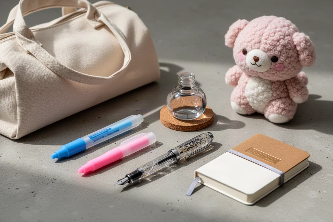Flat lay z artykułami papierniczymi: torba, zakreślacz, buteleczka tuszu, pióro wieczne, notatnik i pluszowa zabawka