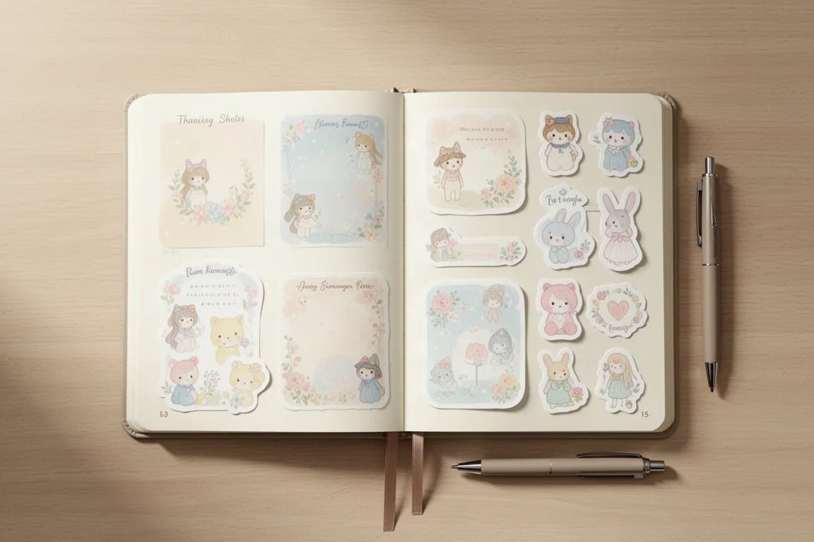 Páginas de diário ilustrado abertas com espalhados decorativos e adesivos reposicionáveis