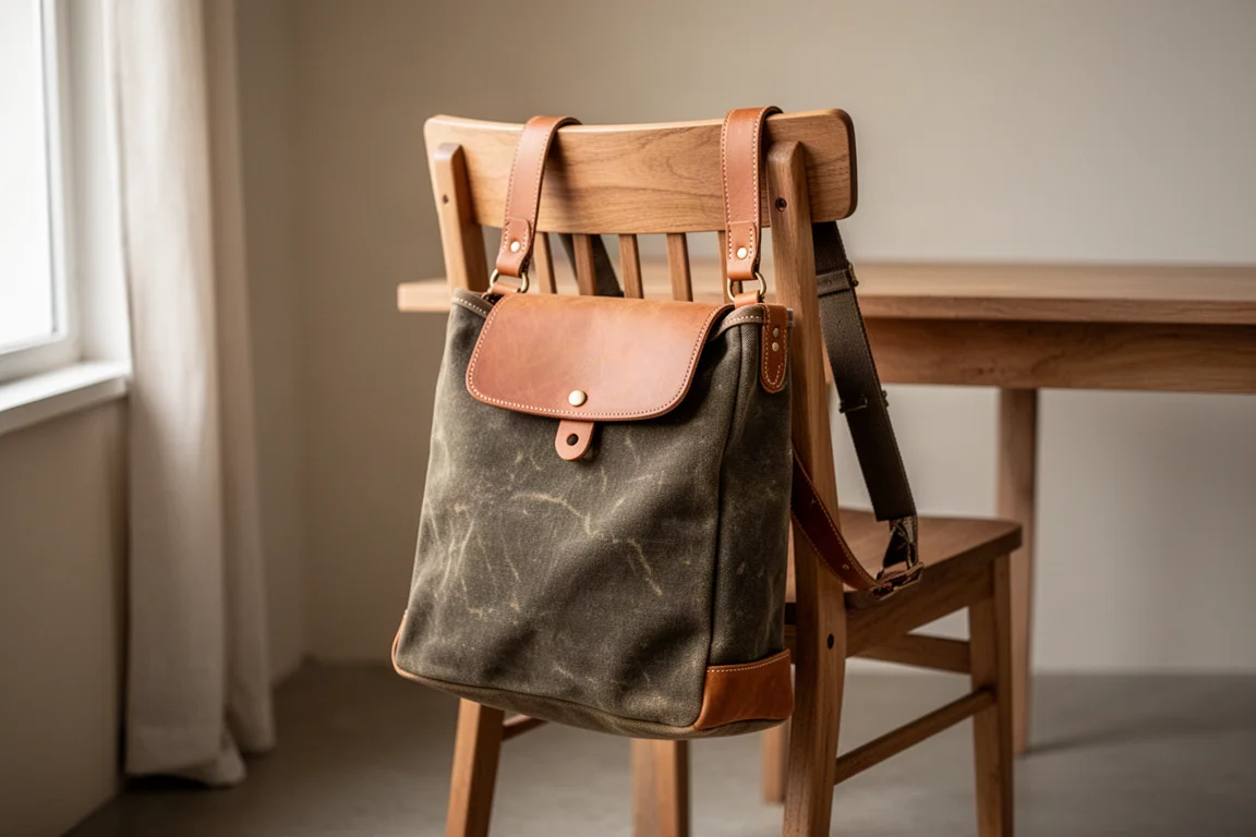 Bolsa de lona encerada com detalhes de couro apoiada em uma cadeira