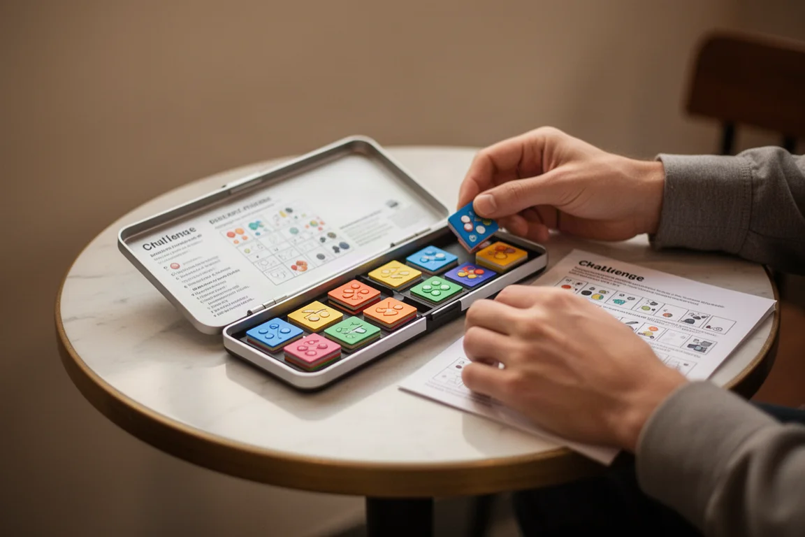 Mão resolvendo um quebra-cabeça lógico compacto de um jogador sobre uma mesa