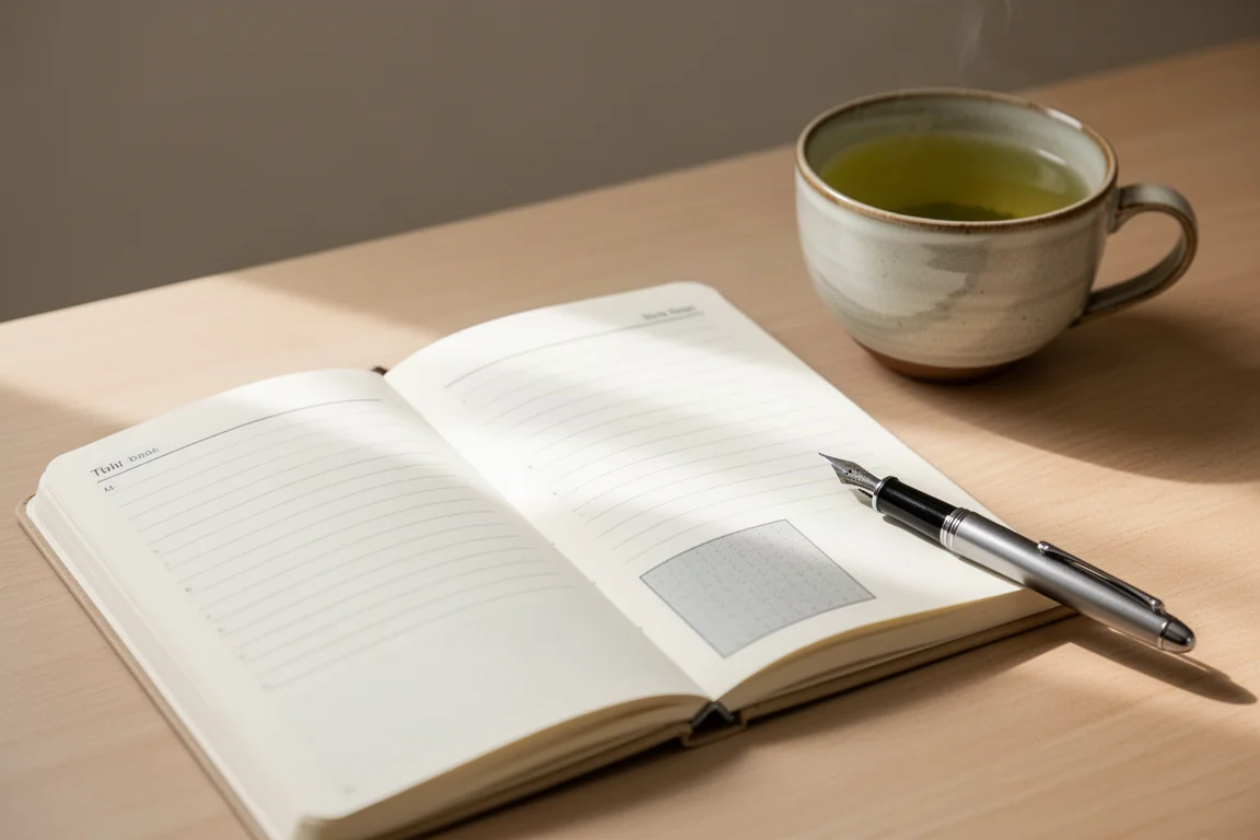 Geöffnetes Journal mit morgendlichen Schreibimpulsen neben einer Tasse Tee auf einem Holztisch