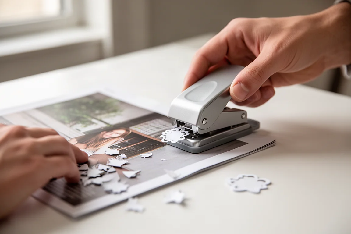 Hand stanzt eine dekorative Form aus einer Magazinseite