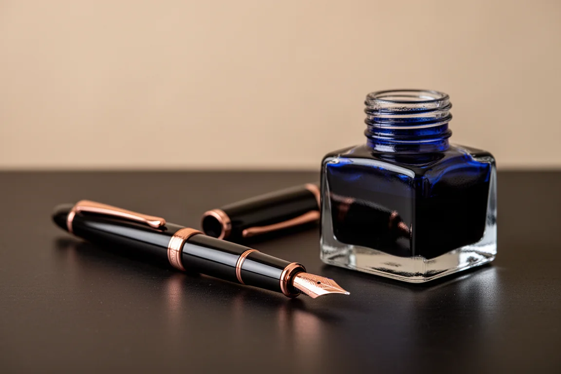 Füllhalter mit dunkelblauer Tinte auf einem Schreibtisch neben einer Tintenflasche