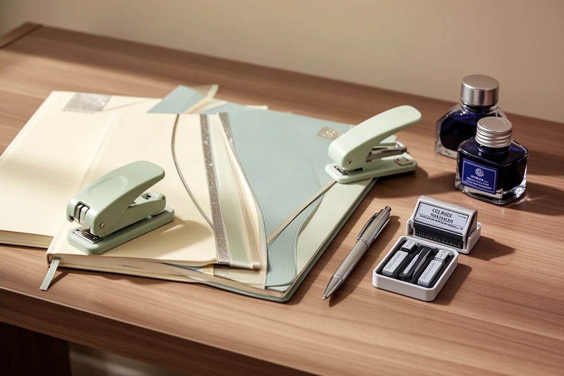 Composizione flat-lay con diari, un forattore, una mini penna, timbri e una bottiglia di inchiostro su una scrivania in legno
