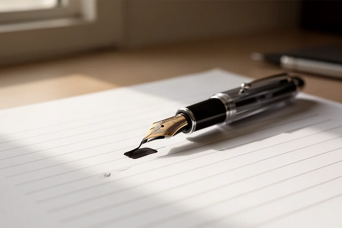Una pluma estilográfica escribiendo sobre papel rayado con suave luz natural de ventana