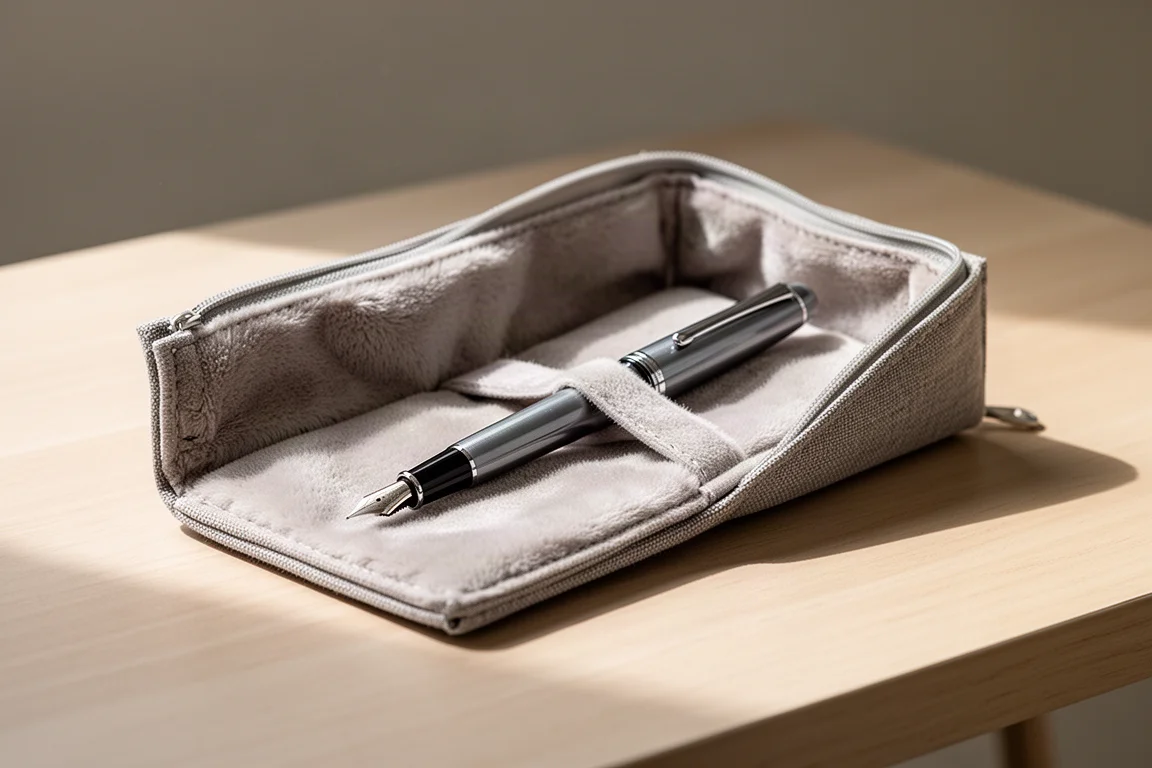Una pluma estilográfica deslizándose en un estuche acolchado de tela sobre un escritorio de madera