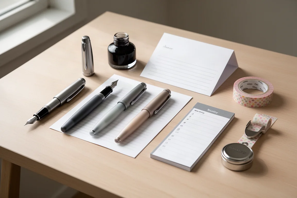 Flat-lay of stationery items including a fountain pen, ink bottle, planner, and washi tape on a wooden desk