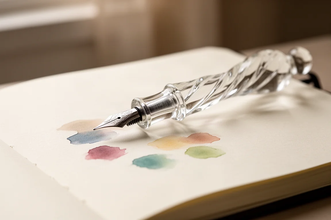 Handcrafted glass dip pen resting on a notebook with ink swatches