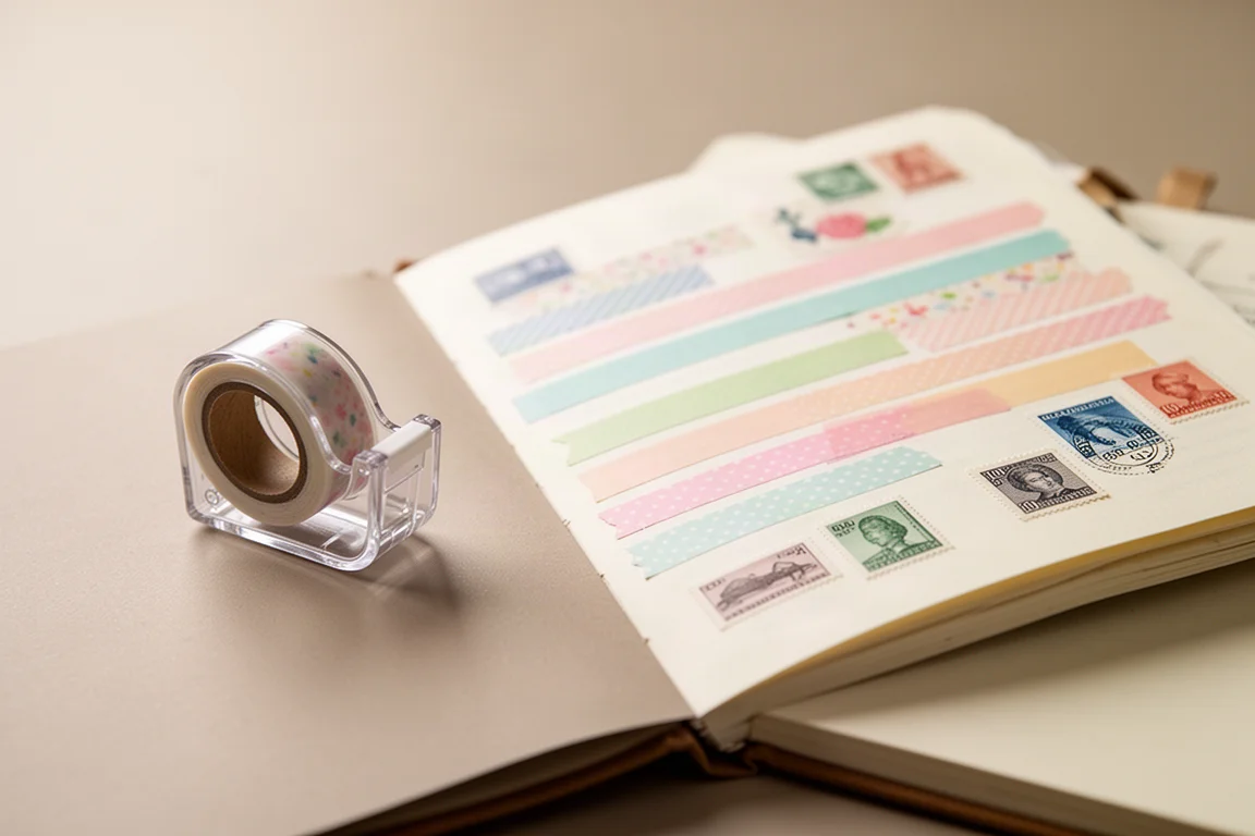Small washi tape holder and decorated journal page on a desk