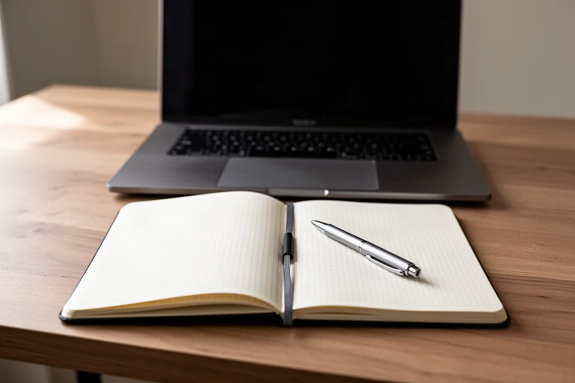 Landscape-format notebook open beside a laptop on a desk
