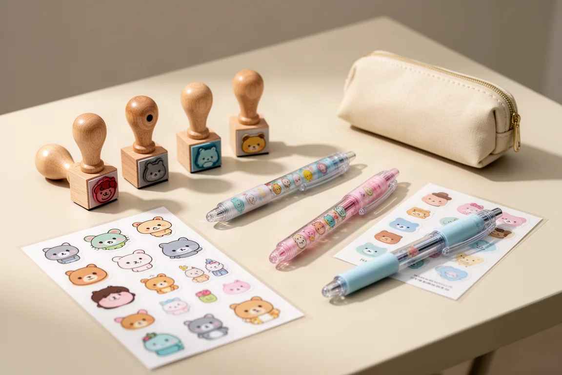 Character-themed stationery spread with stamps and gel pens