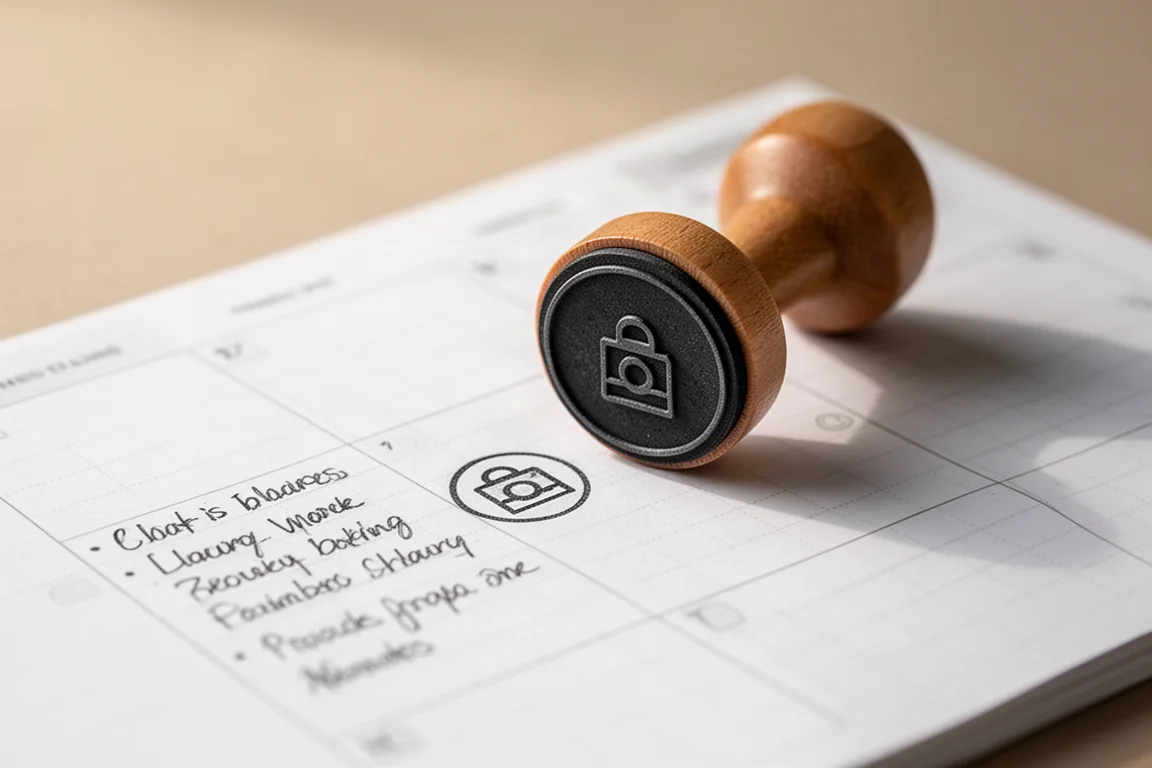 Una mano che preme un piccolo timbro rotondo su un planner aperto, lasciando un'icona ordinata