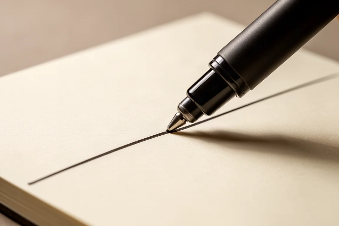 Una penna che scivola su carta avorio di un quaderno lasciando un tratto scuro e uniforme