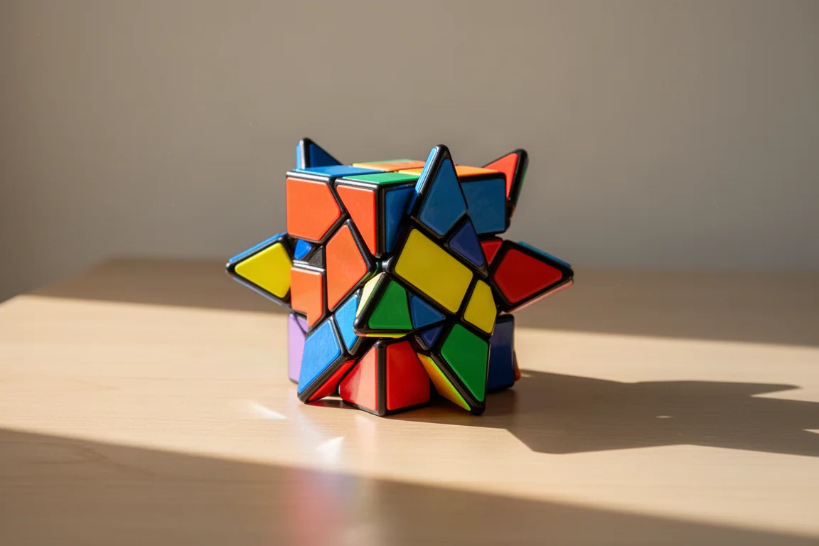 Un cubo puzzle magnetico mezzo aperto a forma di stella geometrica su una scrivania