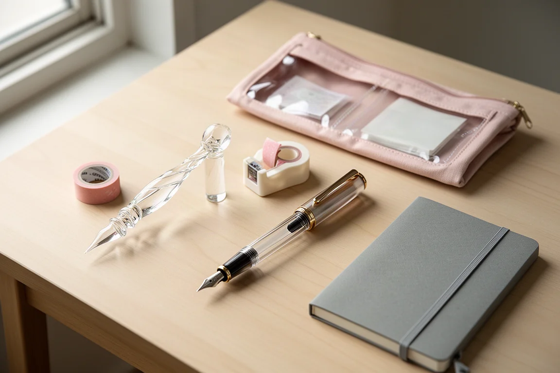Flat-lay of glass pen, fountain pen, washi tape holder, pouch, and notebook on a wooden desk