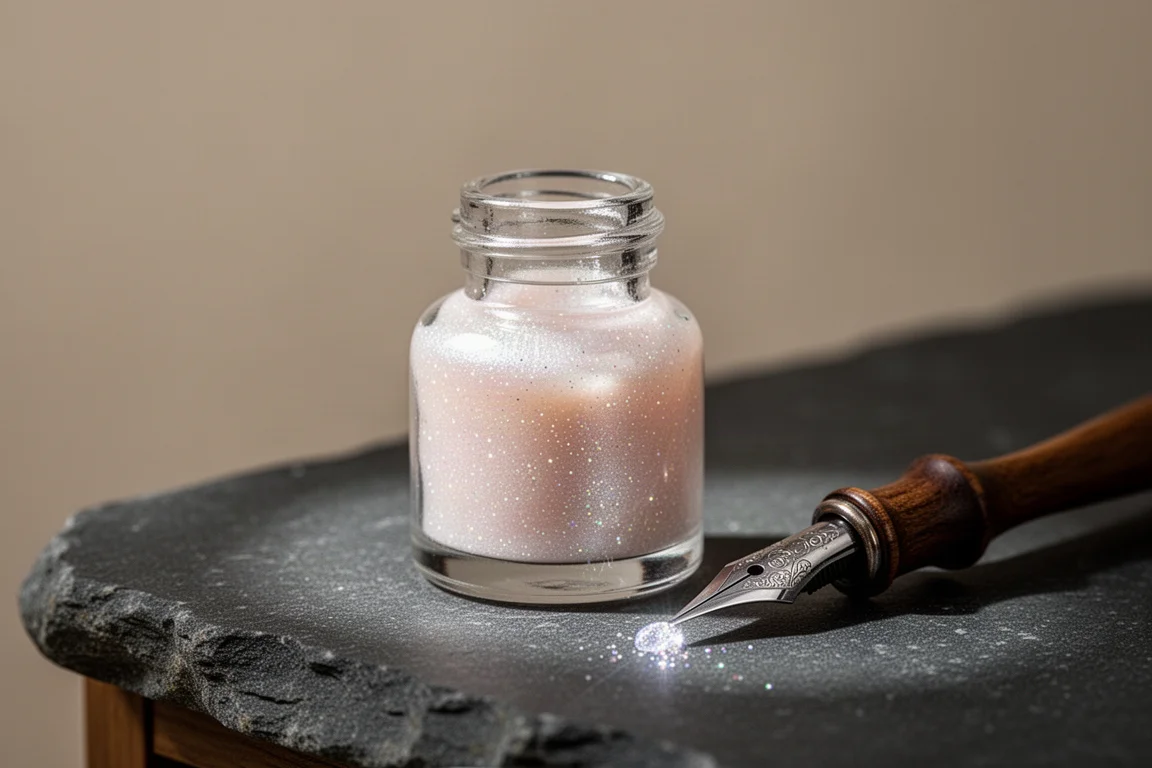 Frasco de tinta de vidrio con tinta perlada brillante sobre un escritorio oscuro
