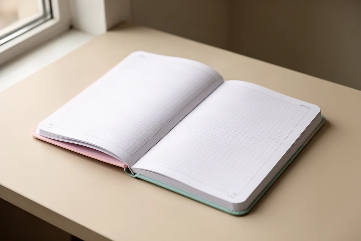 Cuaderno de tonos pastel con una página de cuadrícula fina abierta sobre una mesa