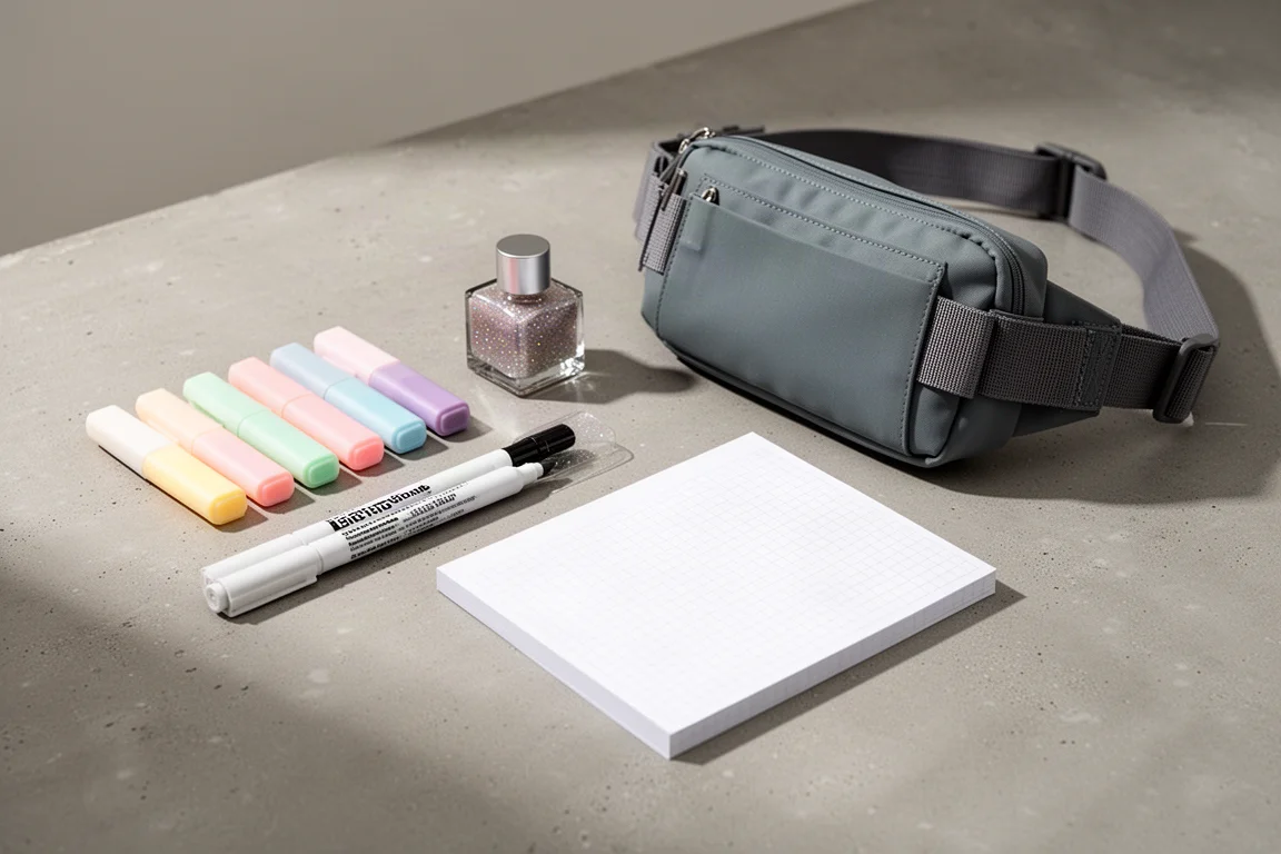 Flat-lay of highlighter pens, markers, ink bottle, notebook, and fanny pack on concrete